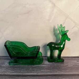 Mosser Green Glass Sleigh and Reindeer Figurines Christmas